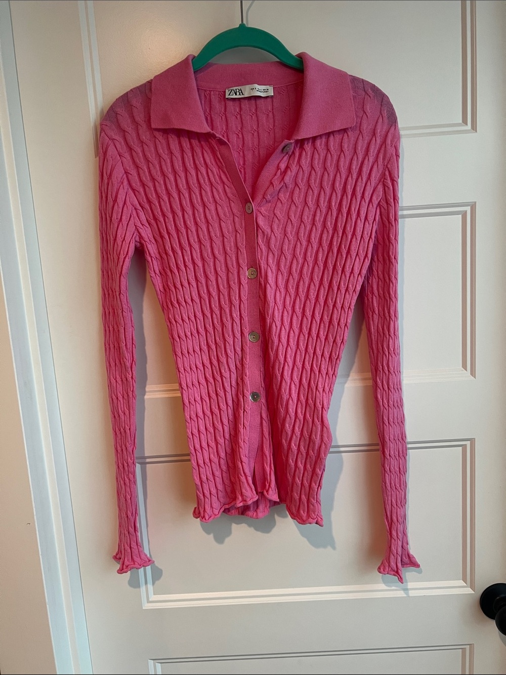 Zara Bright Pink Cable-Knit Collared Button Cardigan